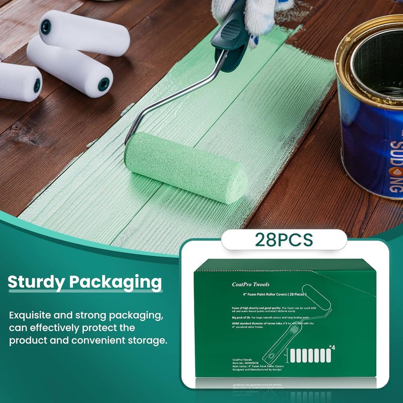 CoatPro Twools Store أسطوانة طلاء فوم، 28 حزمة، مجموعة أسطوانة طلاء صغيرة 4 بوصة مع أغطية أسطوانة طلاء فوم عالية الكثافة، أسطوانات طلاء صغيرة لطلاء الجدران، مستلزمات الطلاء المنزلي - Image 2